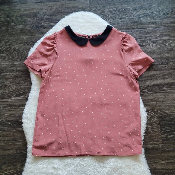 Maison Scotch La Femme Salon Marie Silk Blend Star Blouse Peter Pan Collar Sz 1 - Picture 2 of 9
